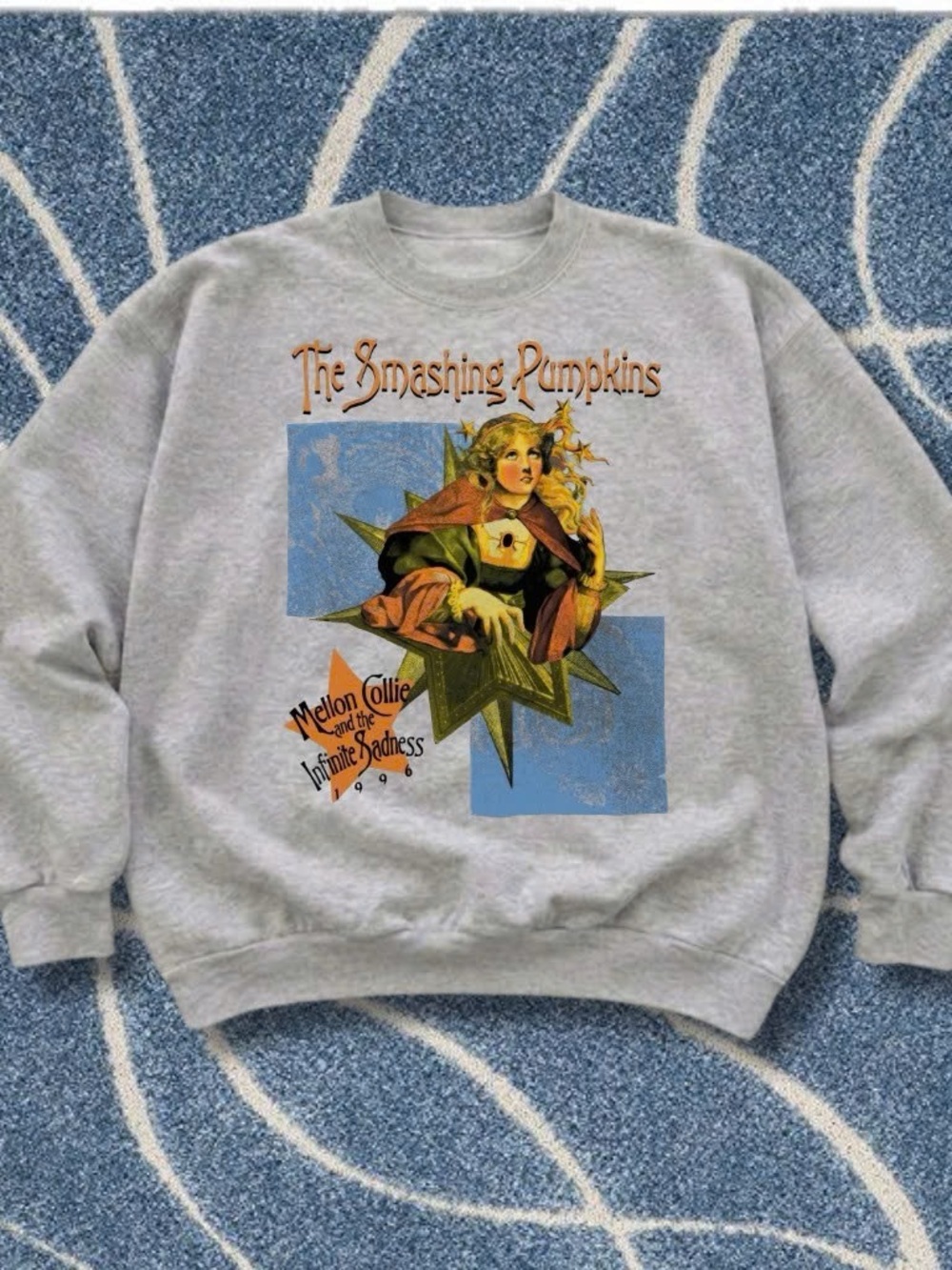 Gildan Grey Crewneck Sweatshirt with Colorful Mellon Collie Graphic